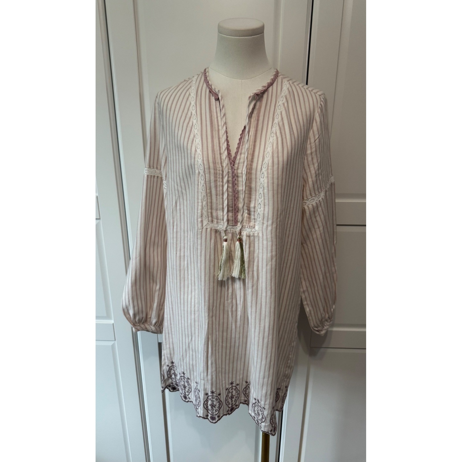 Anthropologie Floreat Striped Sleep Dress Tassel Tunic Embroidered Mauve XS New