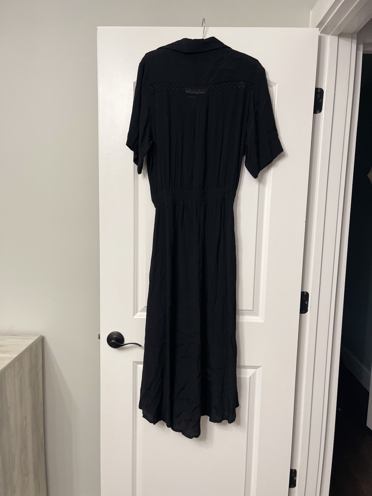 AURA Black Midi Dress Short Sleeve Collared Lace Accents Belted Career Casual M