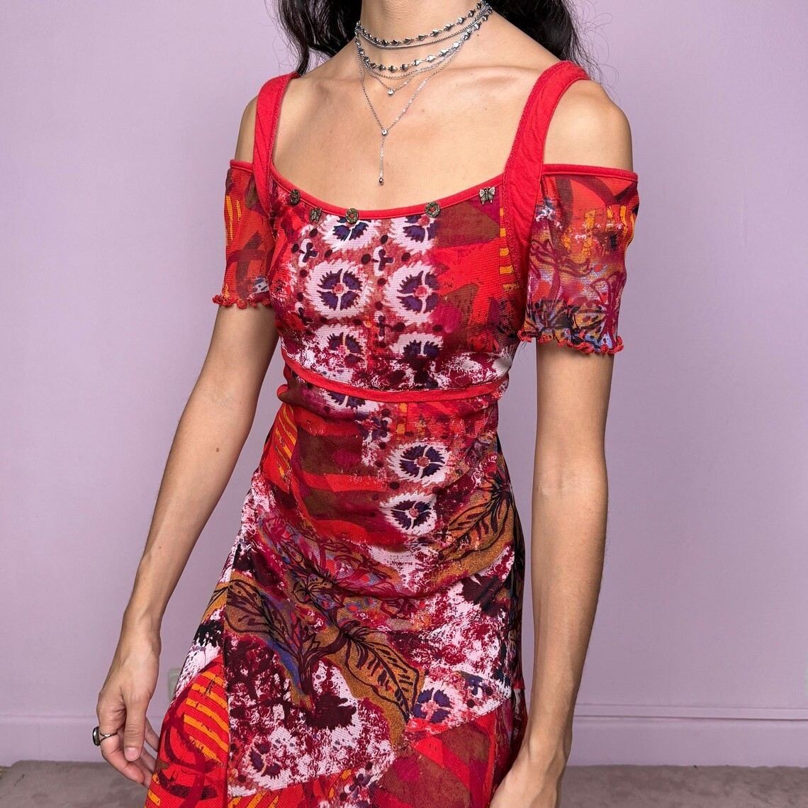 Vintage Red Midi Dress Graphic Mesh Sheer Maximalist Deconstructed Y2K Size L