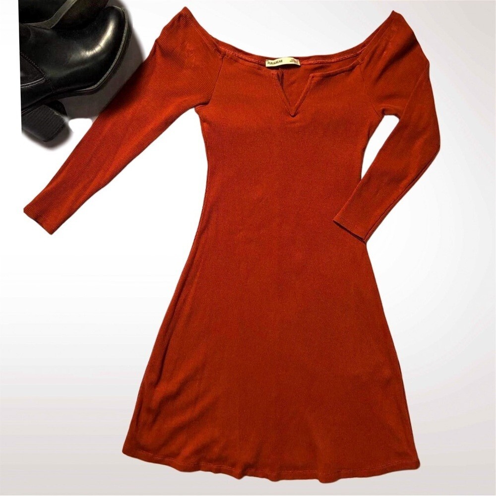 NWOT Pull & Bear 3/4 Sleeve Ribbed Knit Bodycon Mini Dress – Rust Orange, Size S