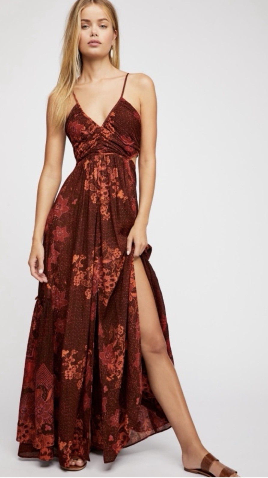 Free People Boho Printed Maxi Dress Small Maroon Floral Cross Back Cutout Slit