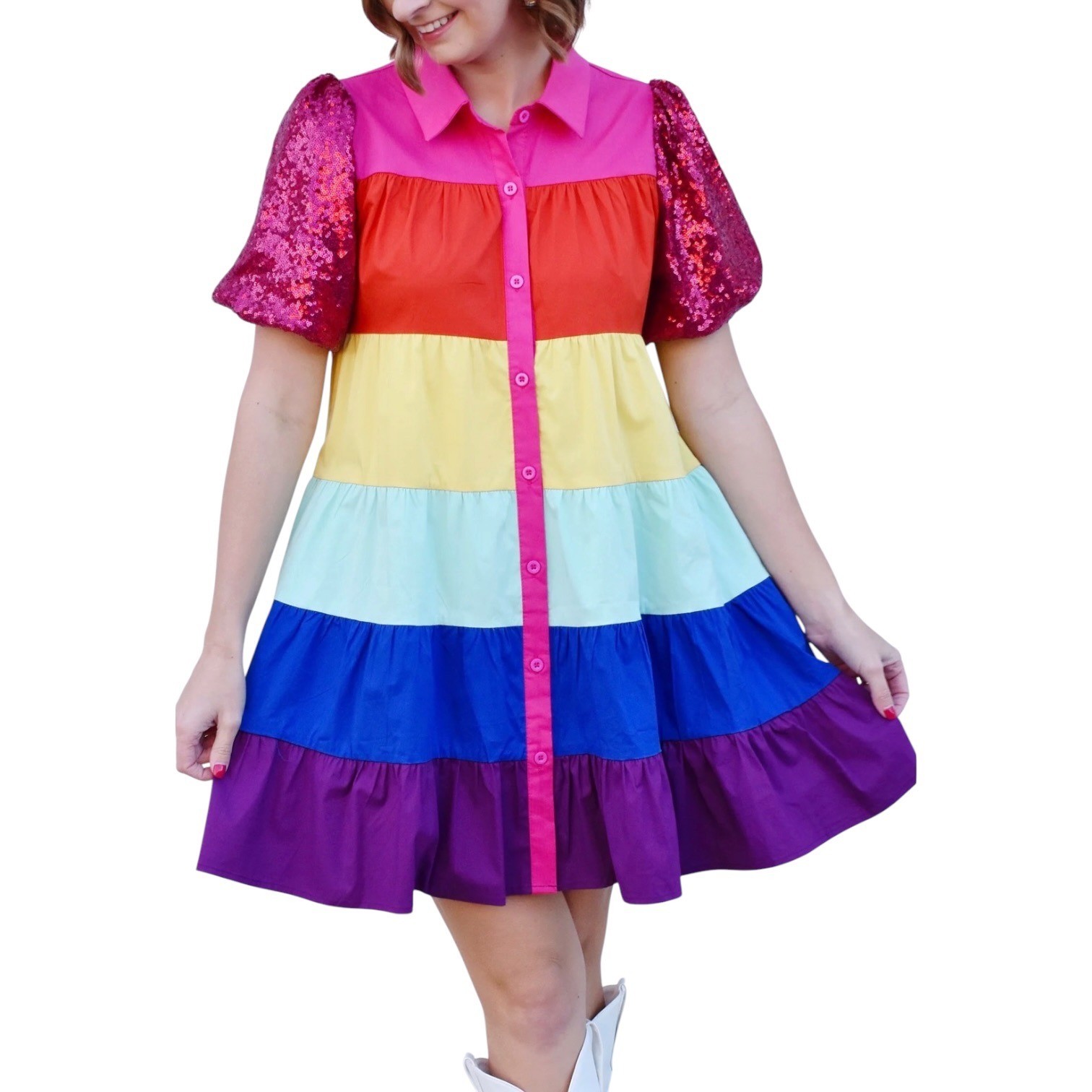 Queen of Sparkles Rainbow Tiered Mini Dress Sequin Puff Sleeve XS Rhinestone