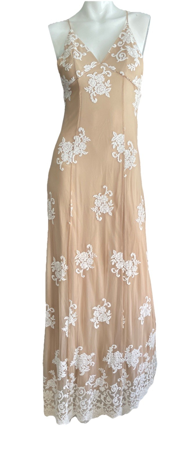 Vintage Floral Lace Spaghetti Strap Long Dress Scallop Boho 70’s Sz0/XS Xback