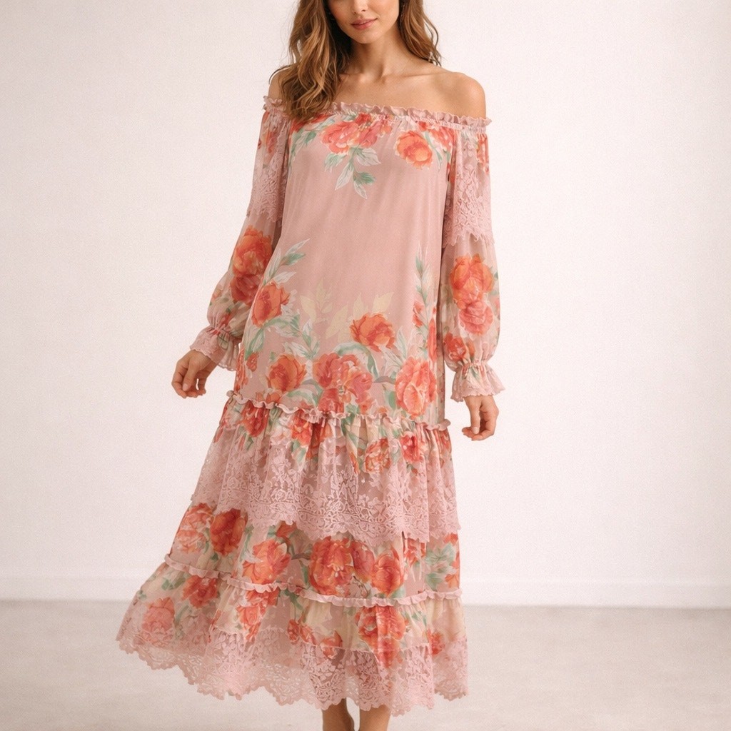 Champagne & Strawberry Maxi Dress Small Off Shoulder Pink Floral Chiffon Peasant
