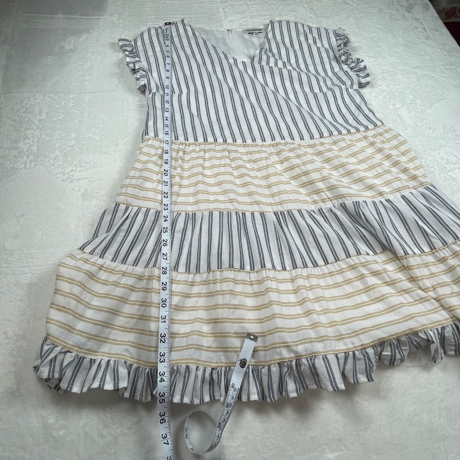 Davi & Dani Womens Striped Tiered Babydoll Dress Blue Tan Ruffle Sleeve Large