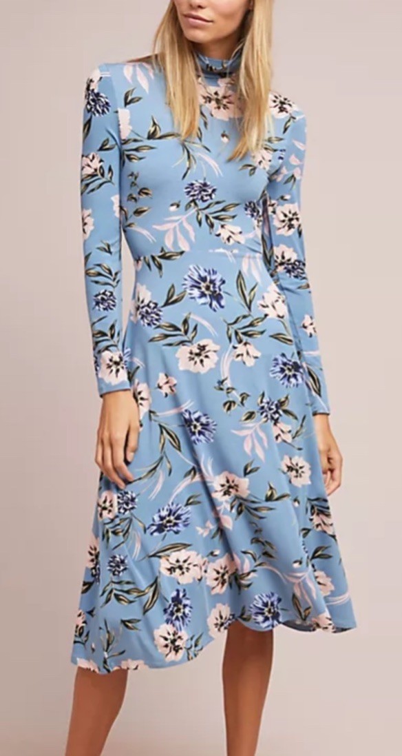 YUMI KIM Stargaze Dress Large Blue Floral Jersey Stretch Maxi Turtleneck NWT