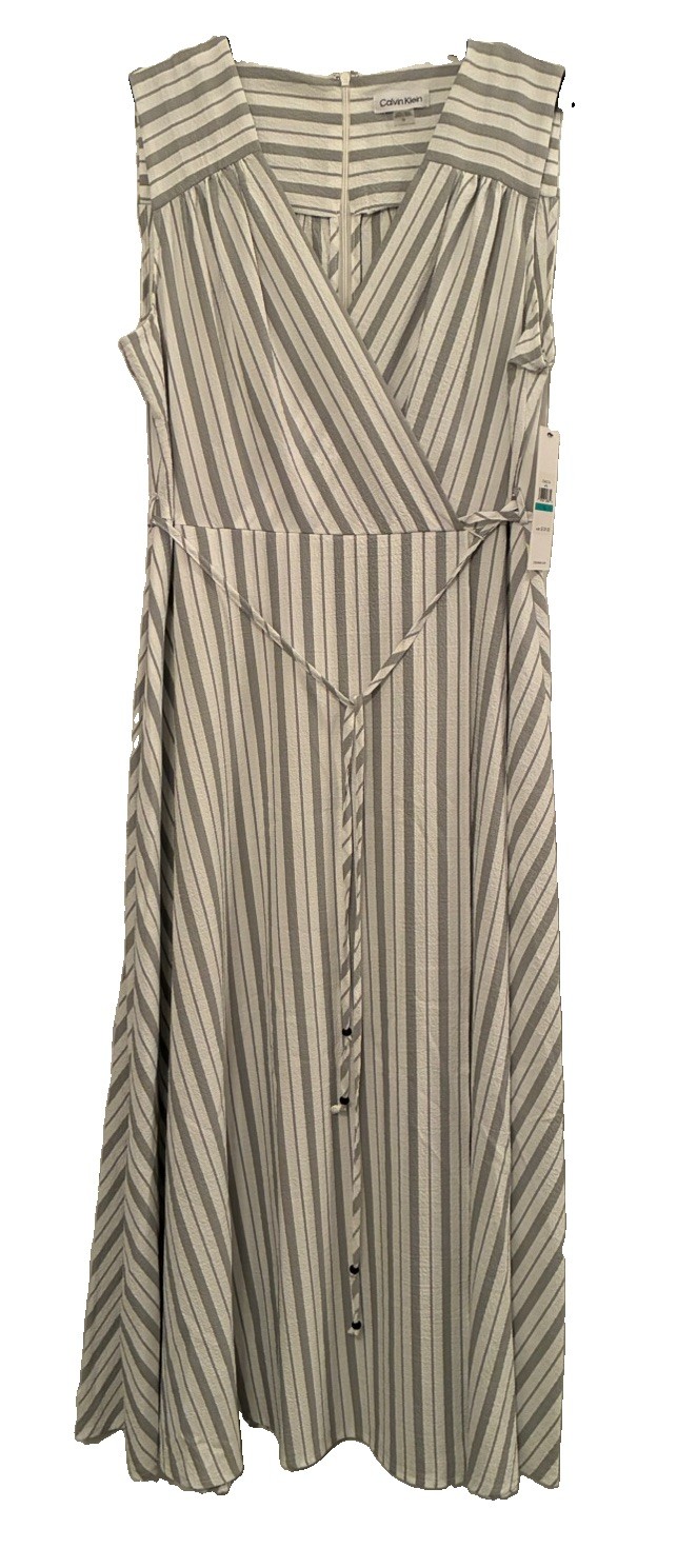 Calvin Klein Striped Sleeveless Wrap Belted Dress White Gray Size 16 Long V-Neck