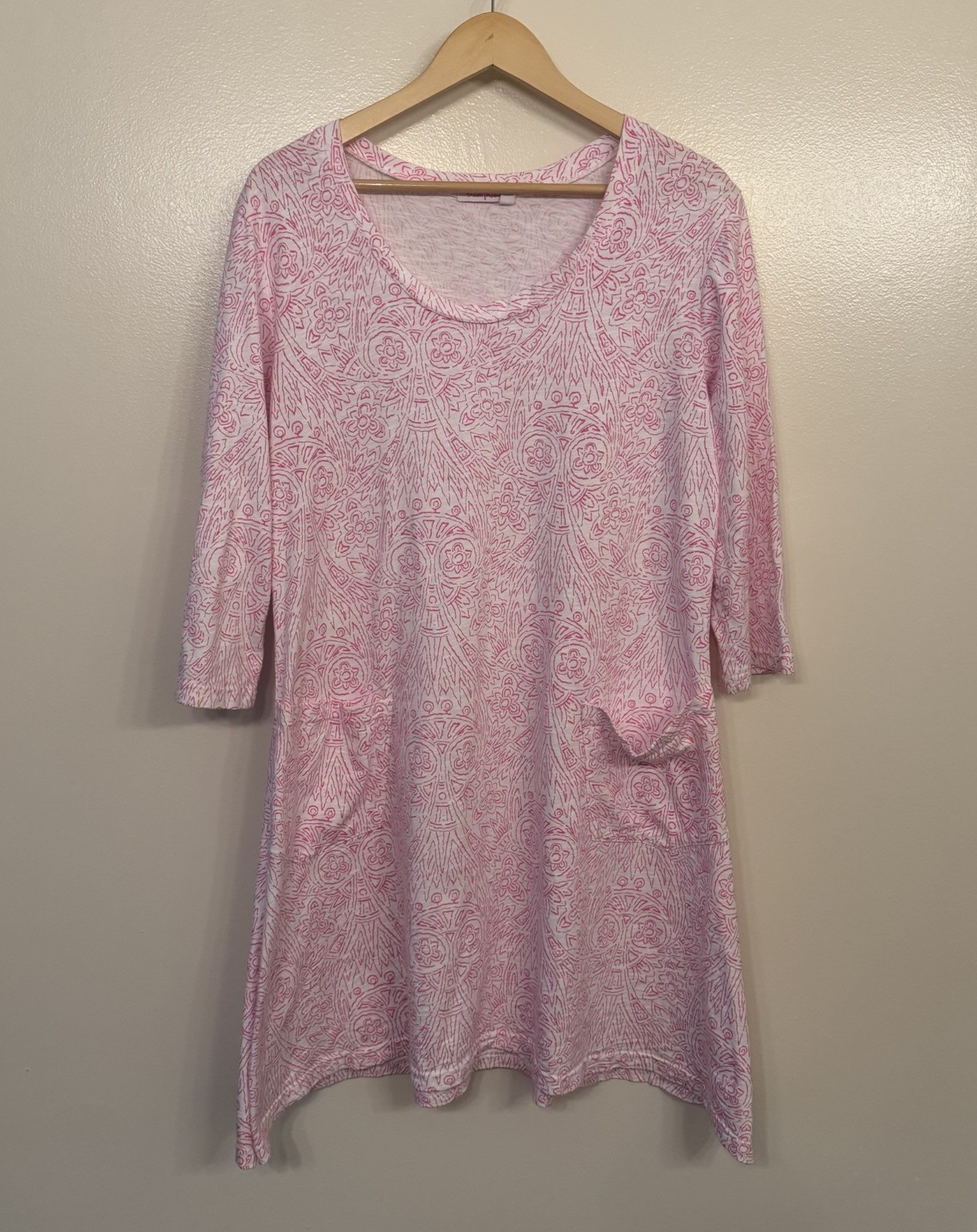 Fresh Produce Dalia Dress Women’s XL White Pink Print Casual Cotton 3/4 Sleeves
