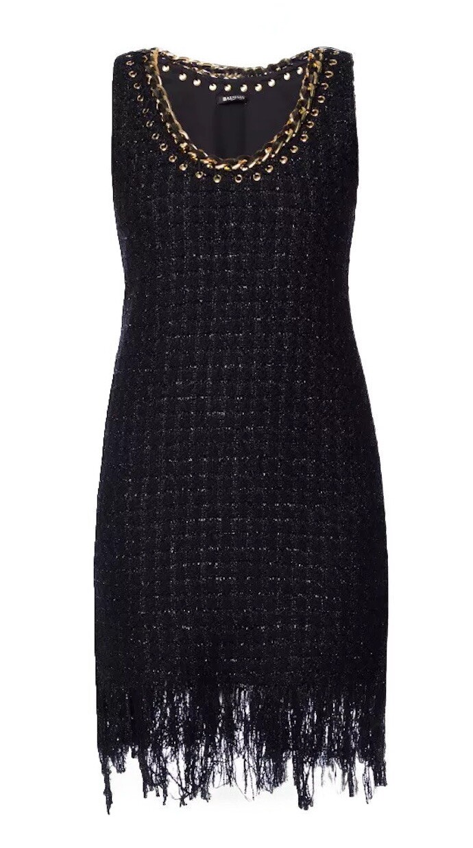BALMAIN Tweed Fringe Shift Dress FR 38 M Linen-Blend Chain Trim Black RRP £2,650