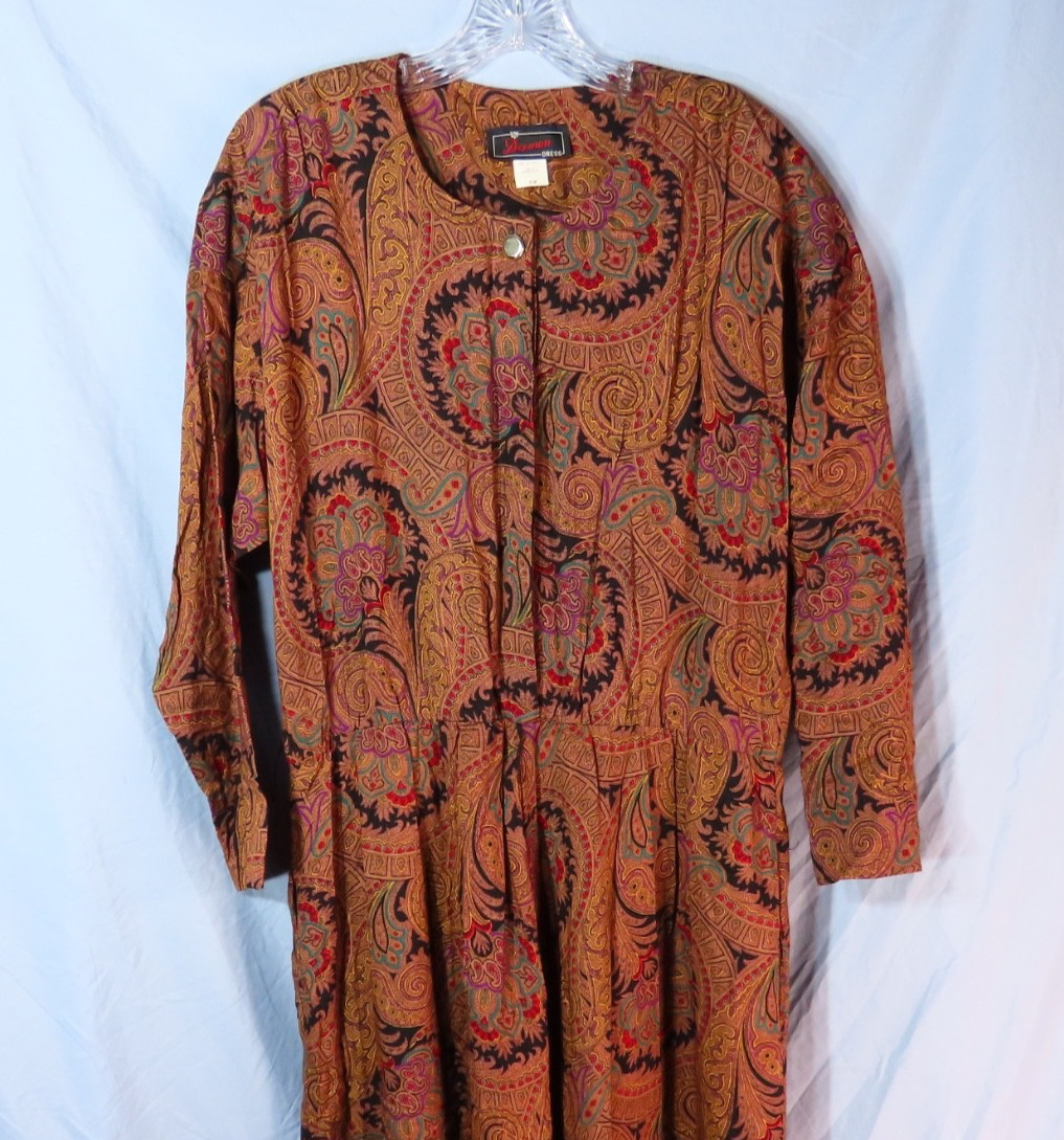 VTG DAMON DRESS Brown/Black/Multi Paisley 1/2-BUTTON UP SHIRT SHIFT Plus 18/18WP