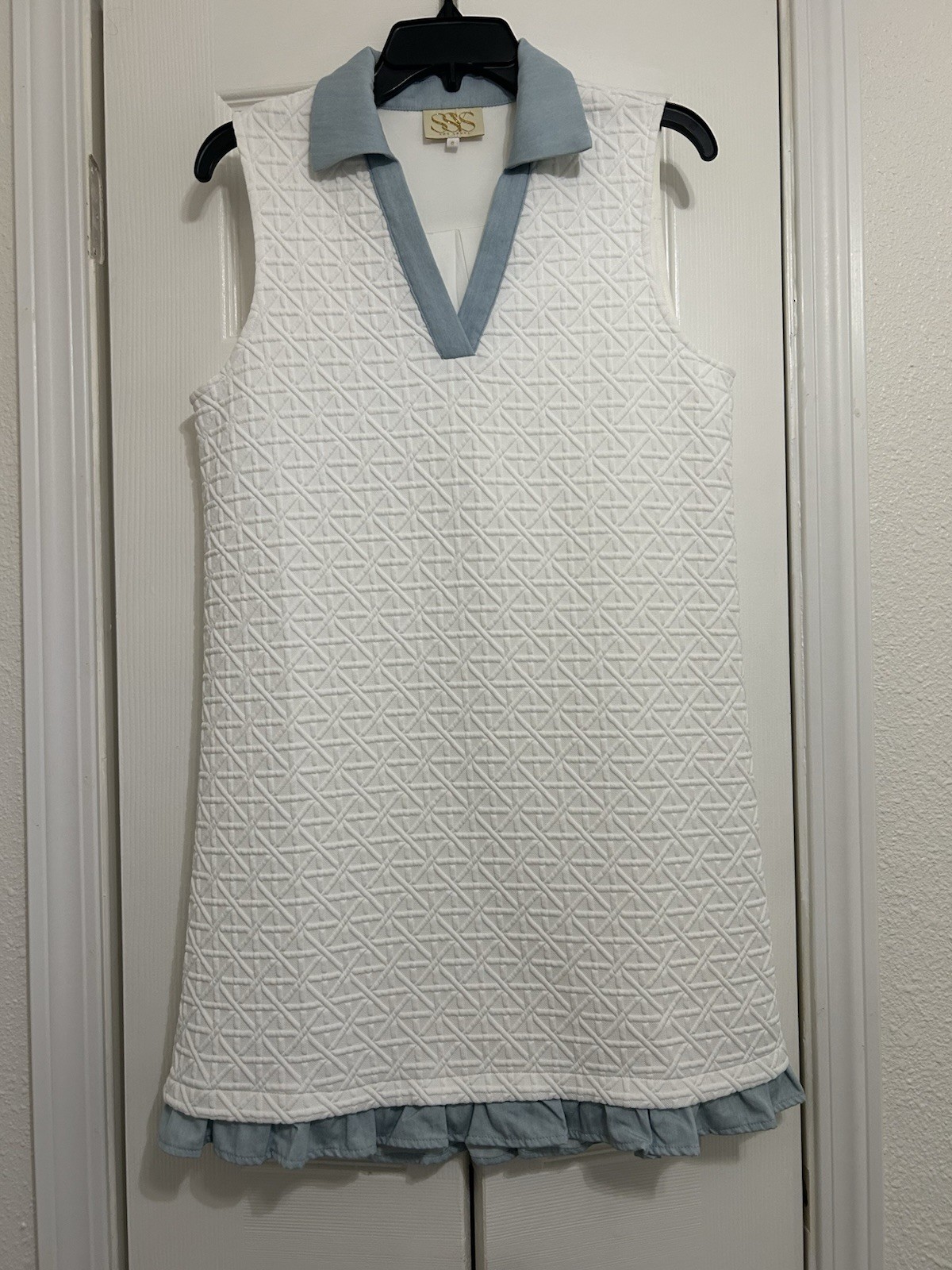 SSYS The Label White Blue Textured Collared Shift Dress Ruffle Hem Sleeveless S