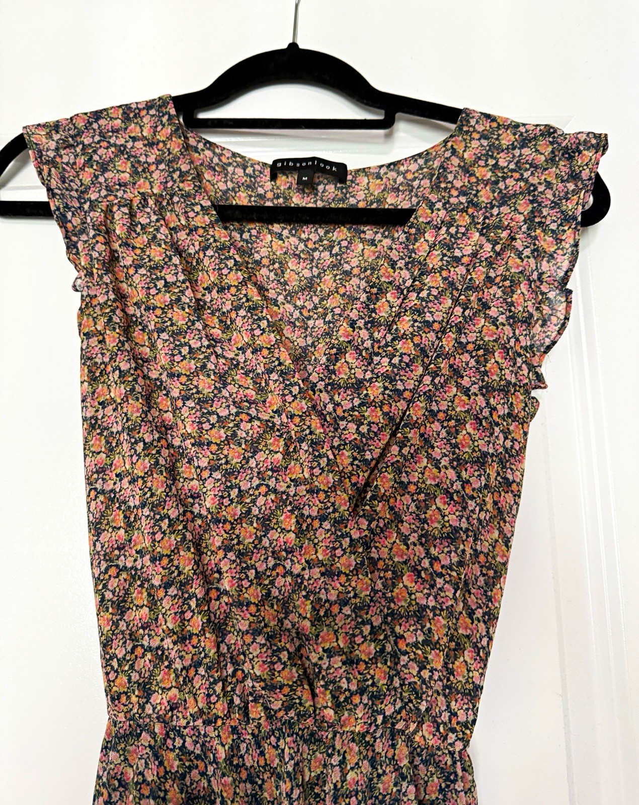 Gibson look Maxi Dress Pink/Black Floral Crew Neck Cap Sleeve Size M