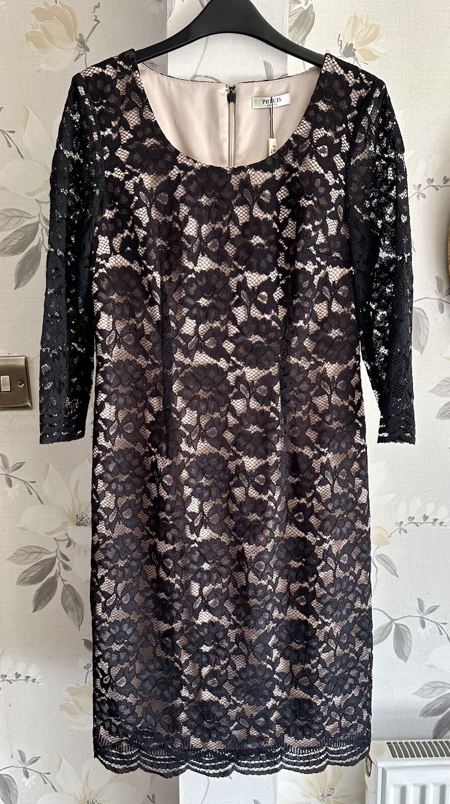 Precis Petite Shift Dress Black & Cream Floral Lace Overlay Size 8 3/4 Sleeve