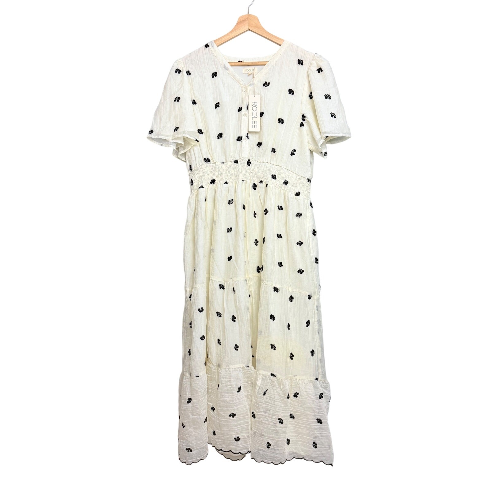 Roolee Cream Floral Embroidered Smocked Tiered Midi Dress NWT XL