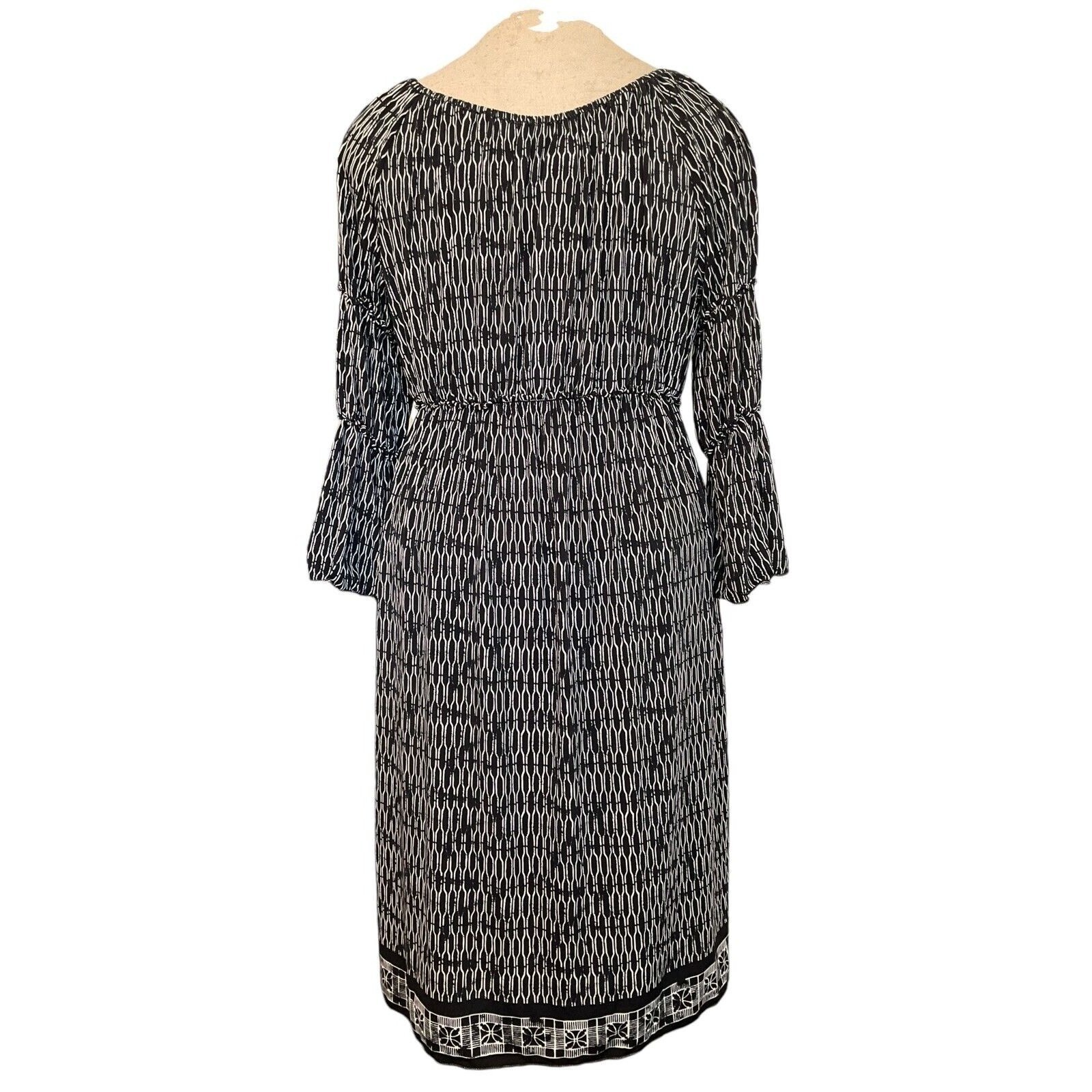 Max Edition Womens XL Black White Geometric Bell Sleeve Smocked Waist Midi Dress