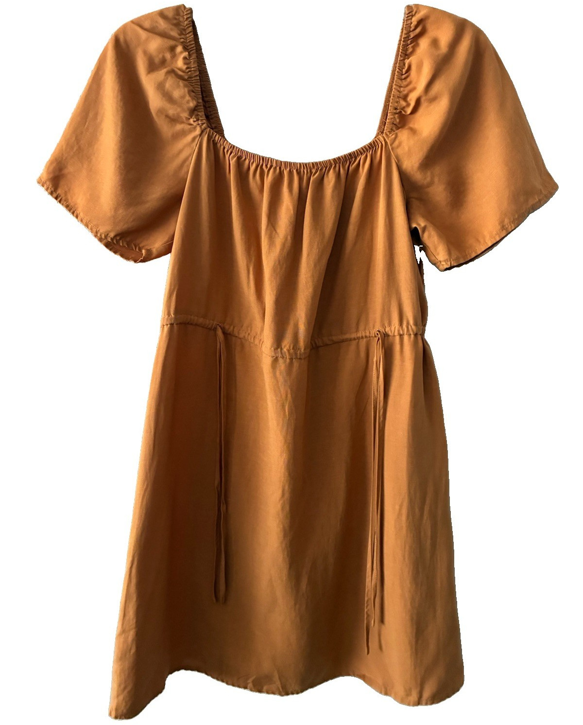 Forever 21 Womens M Brown Solid Smocked Square Neck Short Sleeve Mini Zip