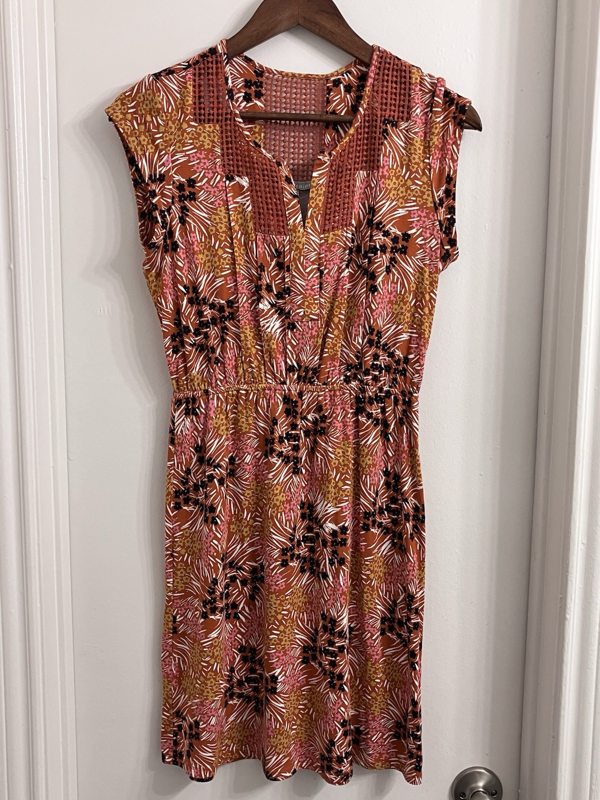 Daniel Rainn Floral Dress RXP Rust Orange Pink Boho Crochet Trim Rayon Lined