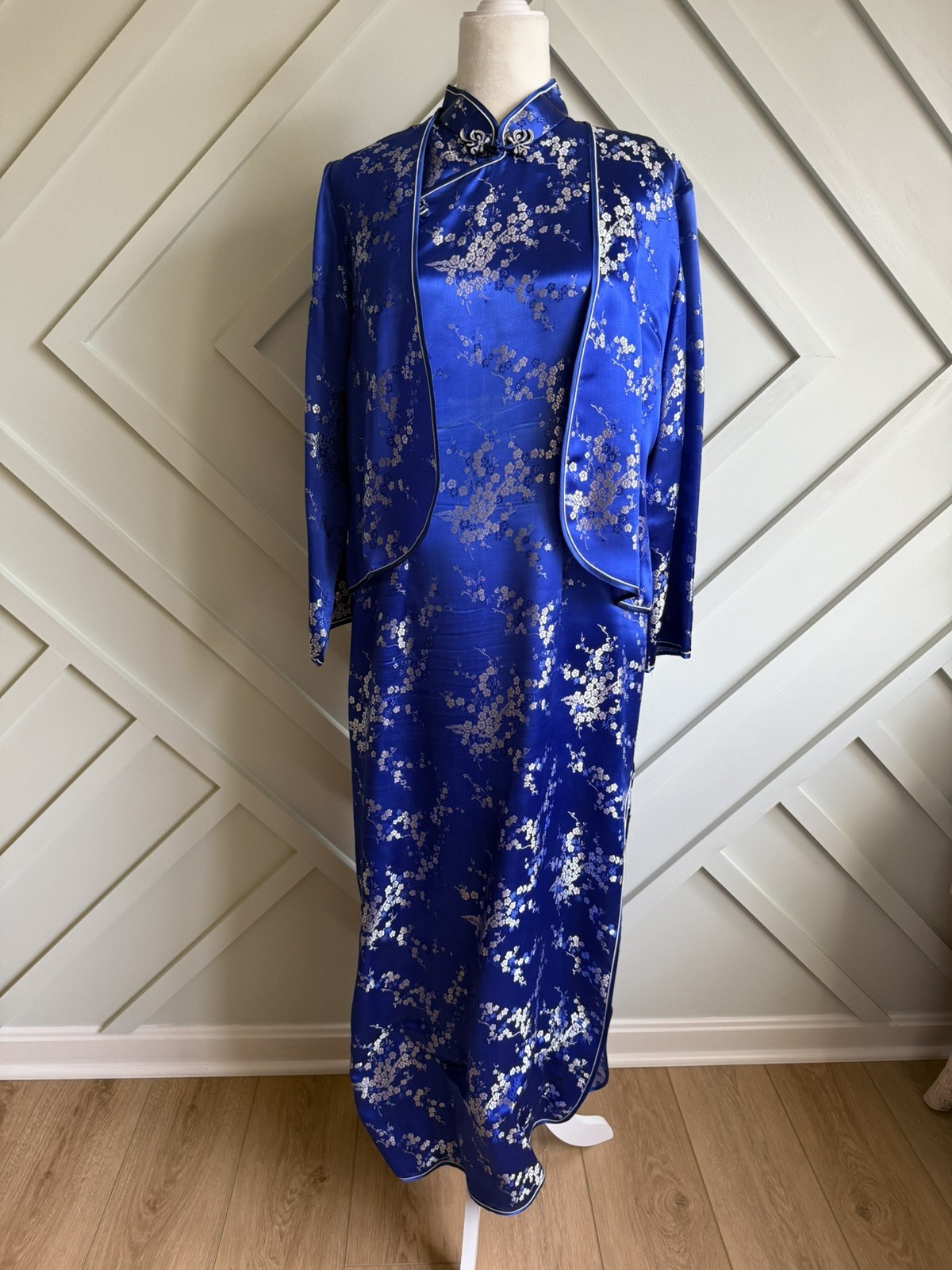 Traditional Chinese Women’s Vtg Silk Long Dress Cheongsam Qipao XL 14/16 Blue
