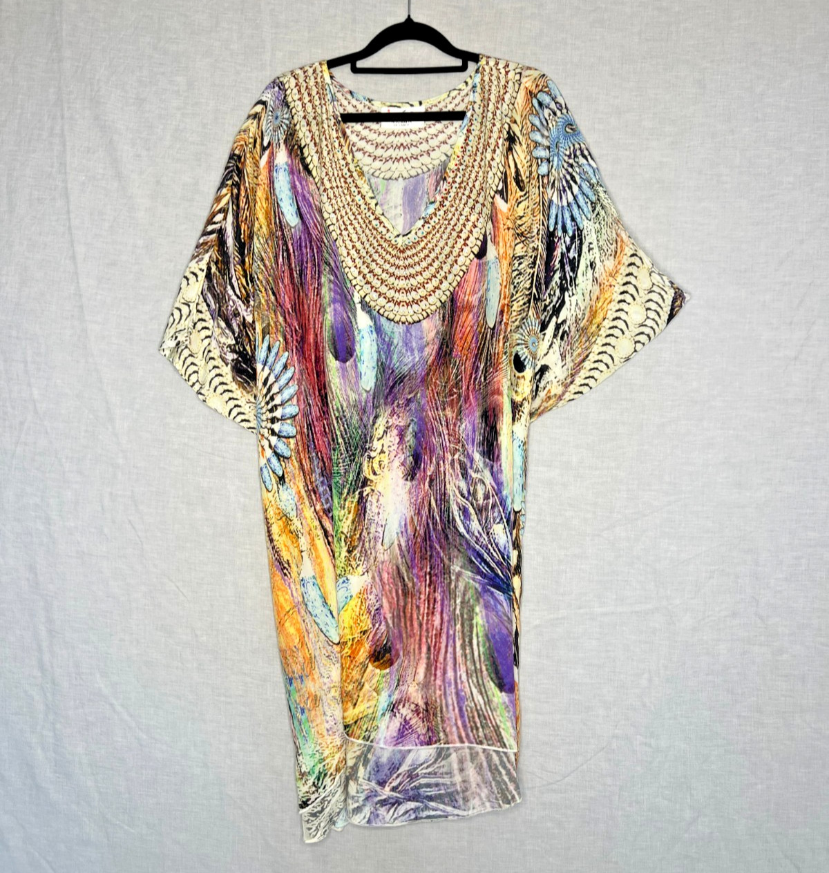 Inoa 100% Silk Kaftan Dress Size 2XL Plus Flowy Loose Rhinestone Scoop Neck