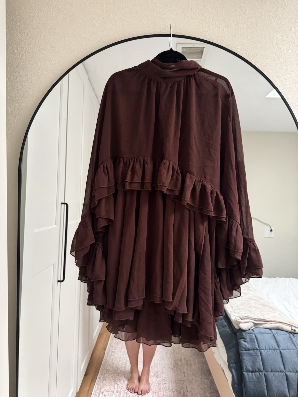 Nwt Commense Brown Semi-Sheer Chiffon Ruffle Dress with Cape Overlay Large