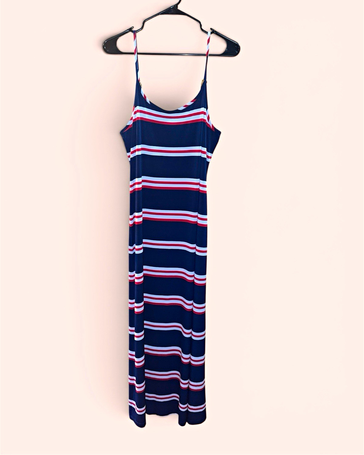 roz & ALI Women’s Maxi Dress Navy Red White Striped Sleeveless Beaded 12
