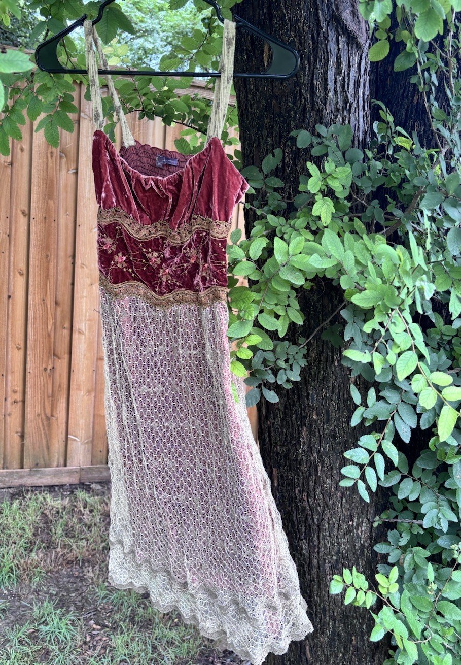 RARE Vintage Hale Bob 100% Silk Mesh Babydoll Velvet Burnout Maroon Dress Sz XS