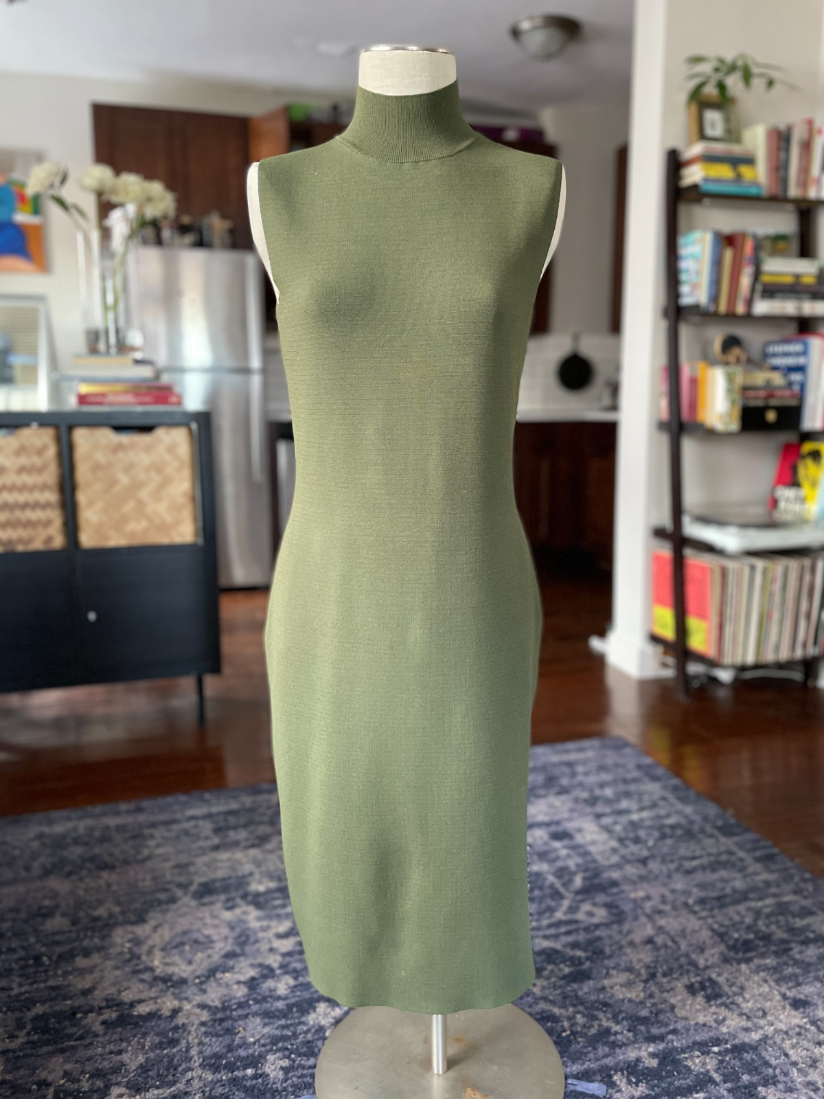 House of Harlow 1960 Ribbed Bodycon Sweater Dress Green Mock Neck Midi Large
