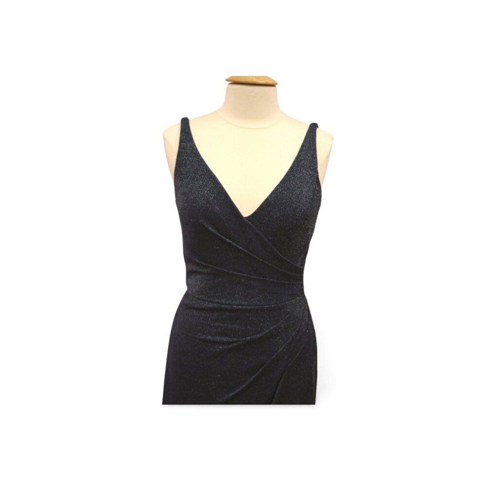 Navy Glitter Knit Fitted V-neck Formal dress with slit Bari Jay