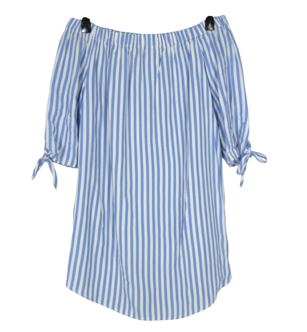 OLD NAVY Blue/White Stripes OFF-THE-SHOULDER Tie Cuff A-LINE DRESS/TUNIC TOP L