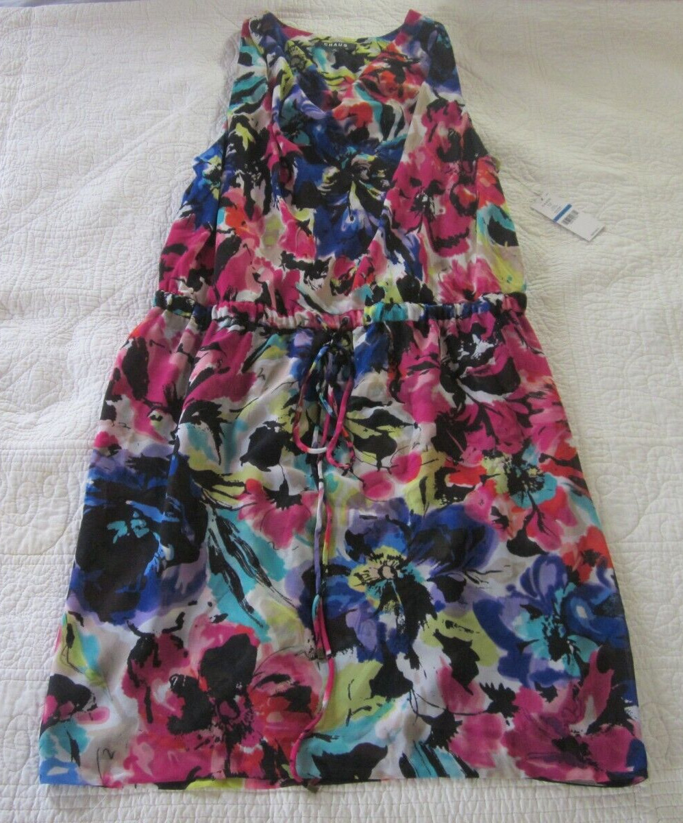 Chaus Womens Dress Size XL Floral Semi Sheer Cowl Neck Drawstring Waist