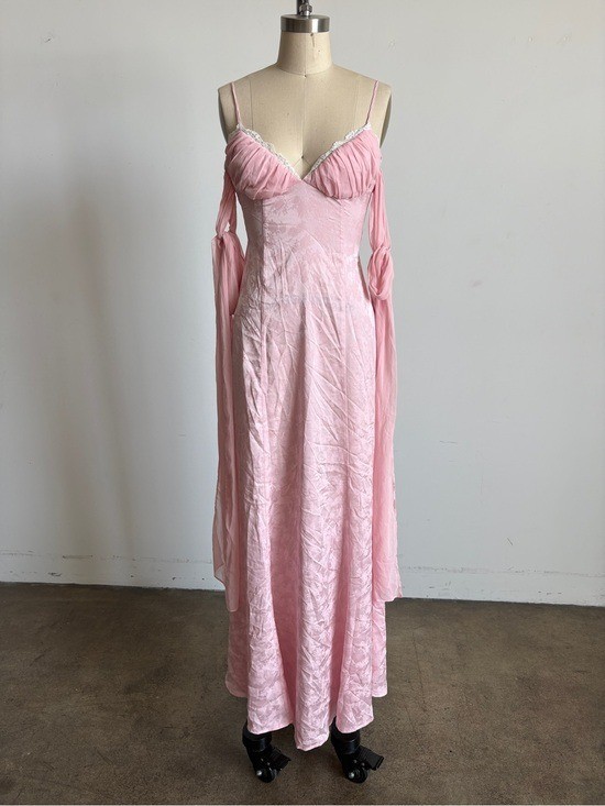 $489 NWT For Love And Lemons “Sheila” Chiffon Maxi Gown in Pink #2 Sz X-Small