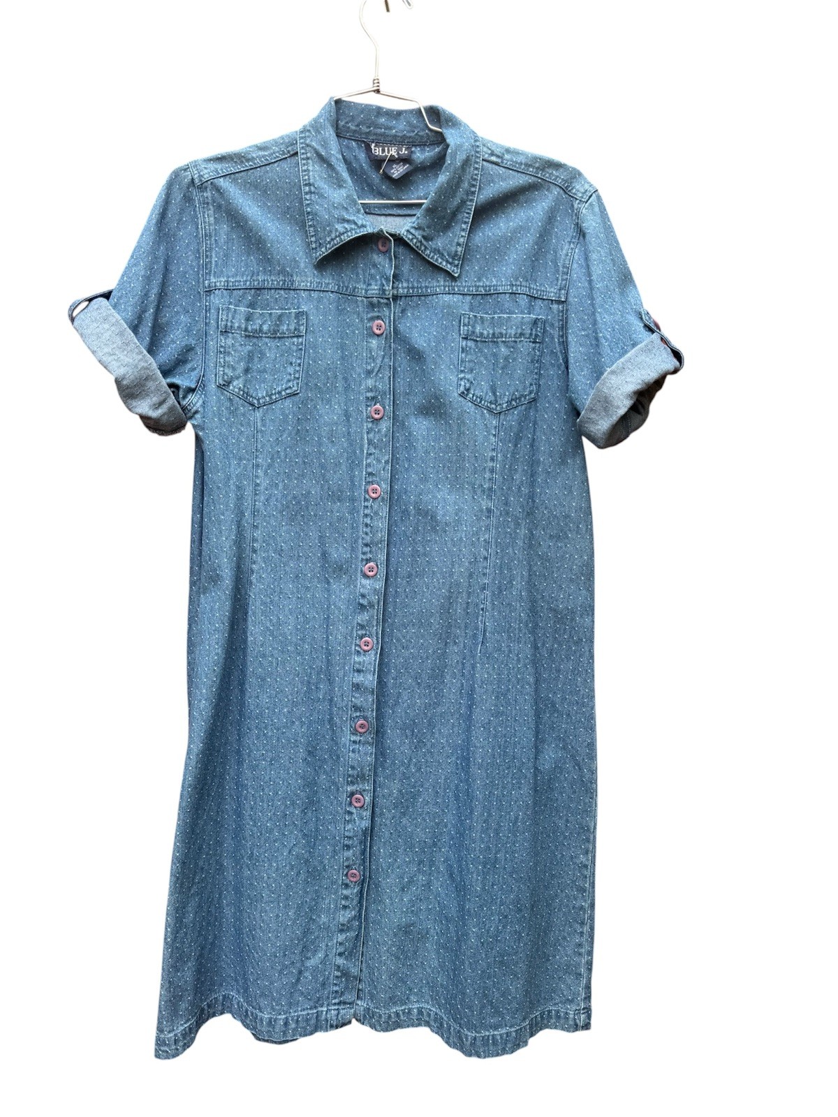 Vintage 90s Denim Polka Dot Dress XL Prairie Homestead Cottagecore 100% Cotton