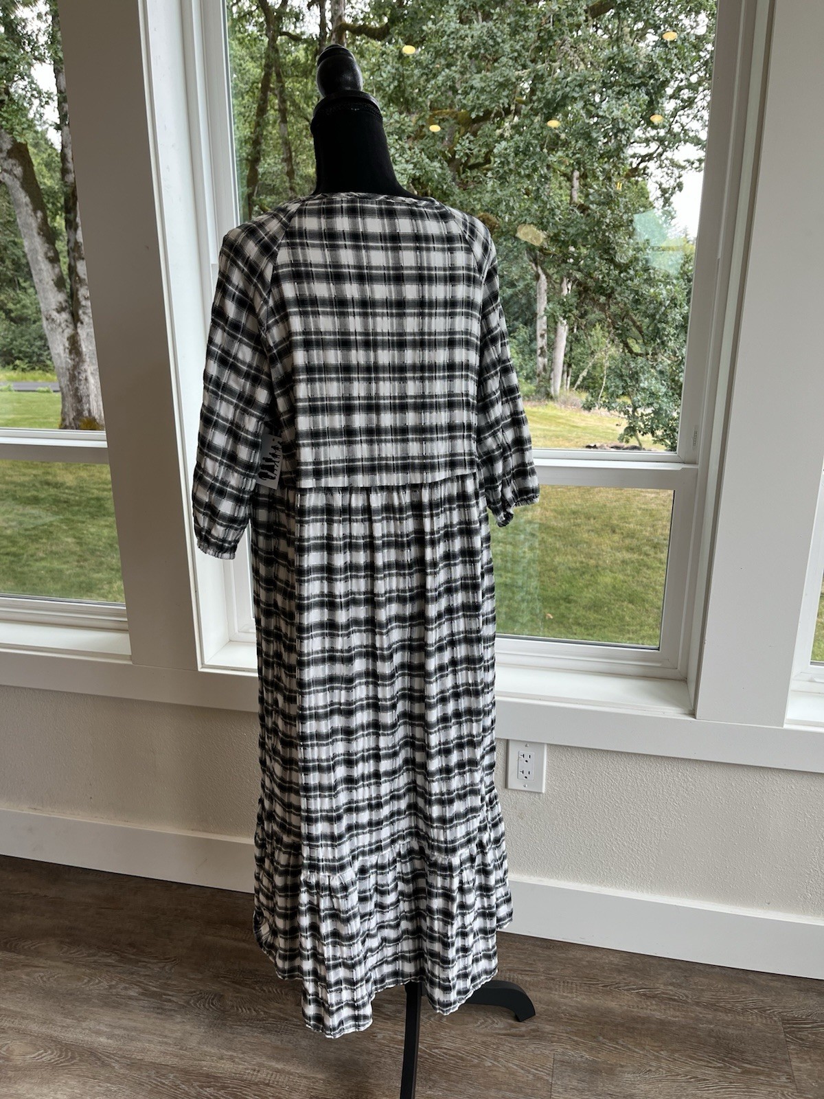 PRIMARK Check Textured Cotton Tiered ￼Dress Navy/Charcoal Gray/Black Sz 12 / L