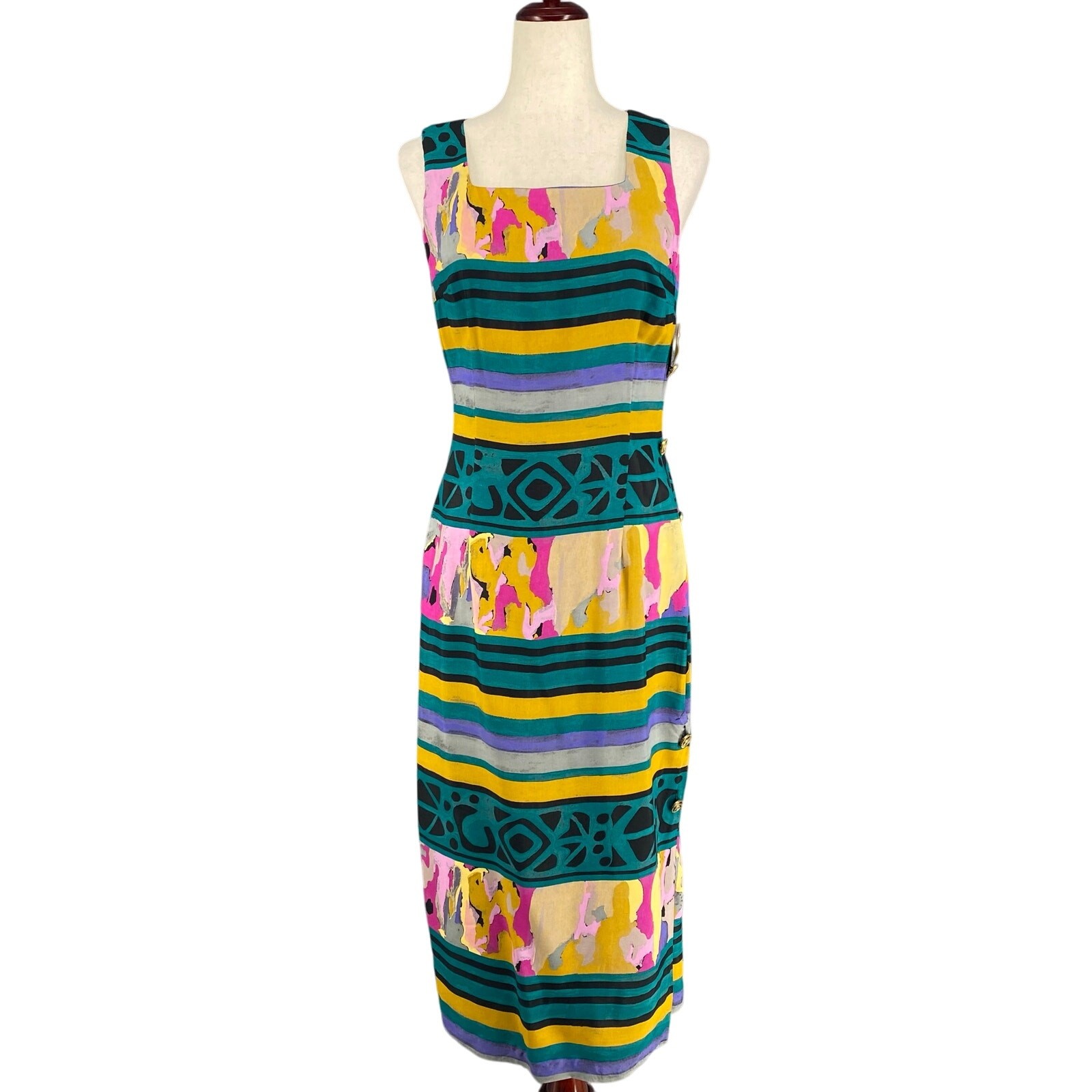 Vtg 80s 90s NOS Artsy Square Neck Sleeveless Pencil Dress S Retro Resort Wear
