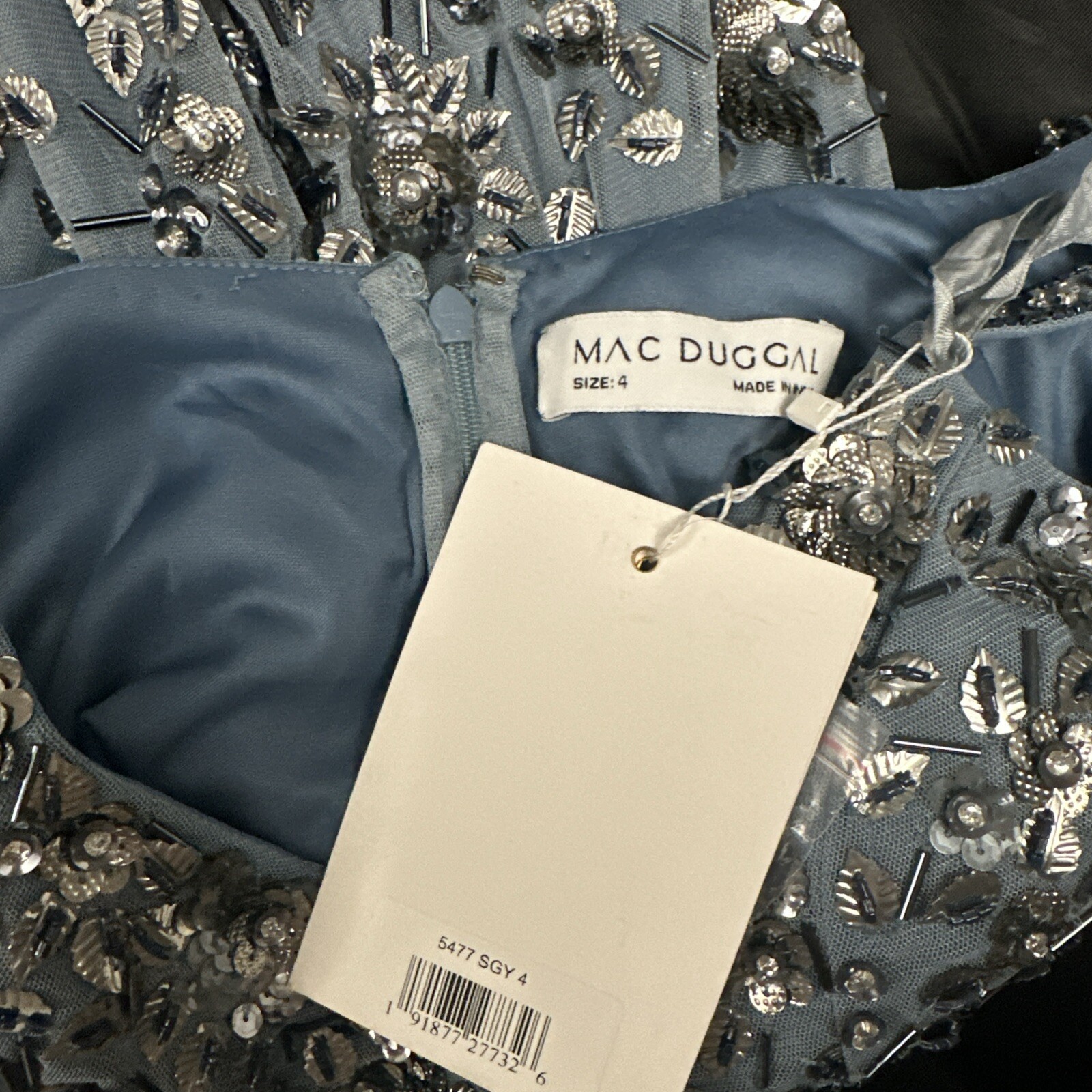 NWT Mac Duggal [ 4 ] 5477 Floral Embellished Scoop Neck Gown in Slate Grey J1154
