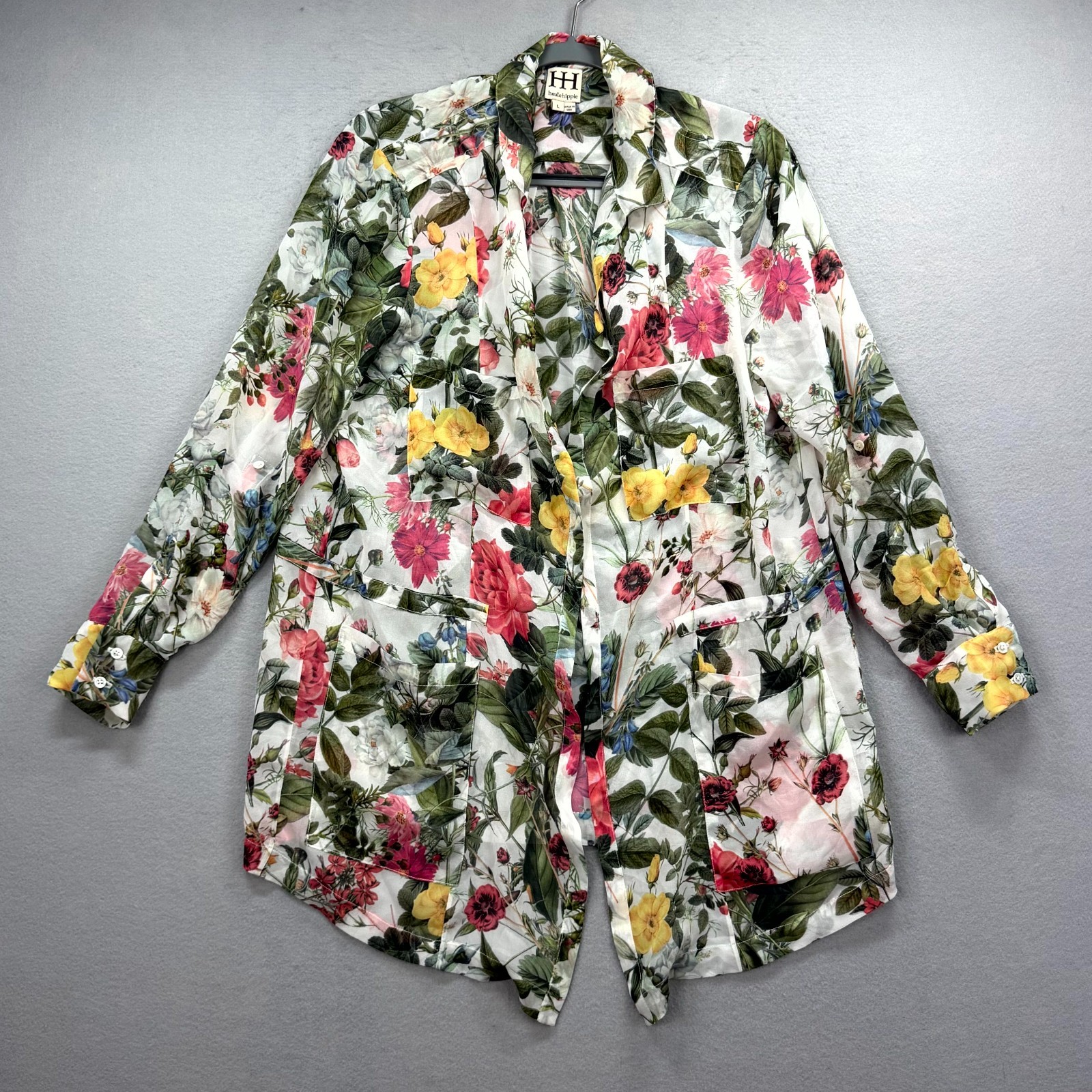 Haute Hippie Shirt Dress Women’s Large Multi Floral Silk Long Sleeve Open Front