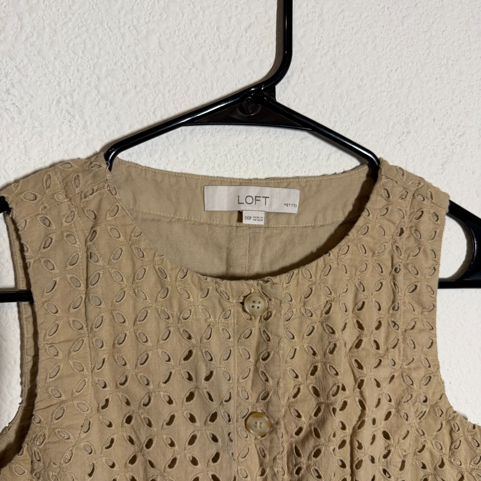 Loft Mini Dress Womens 00P Brown Embroidered Eyelet Button Front Sleeveless
