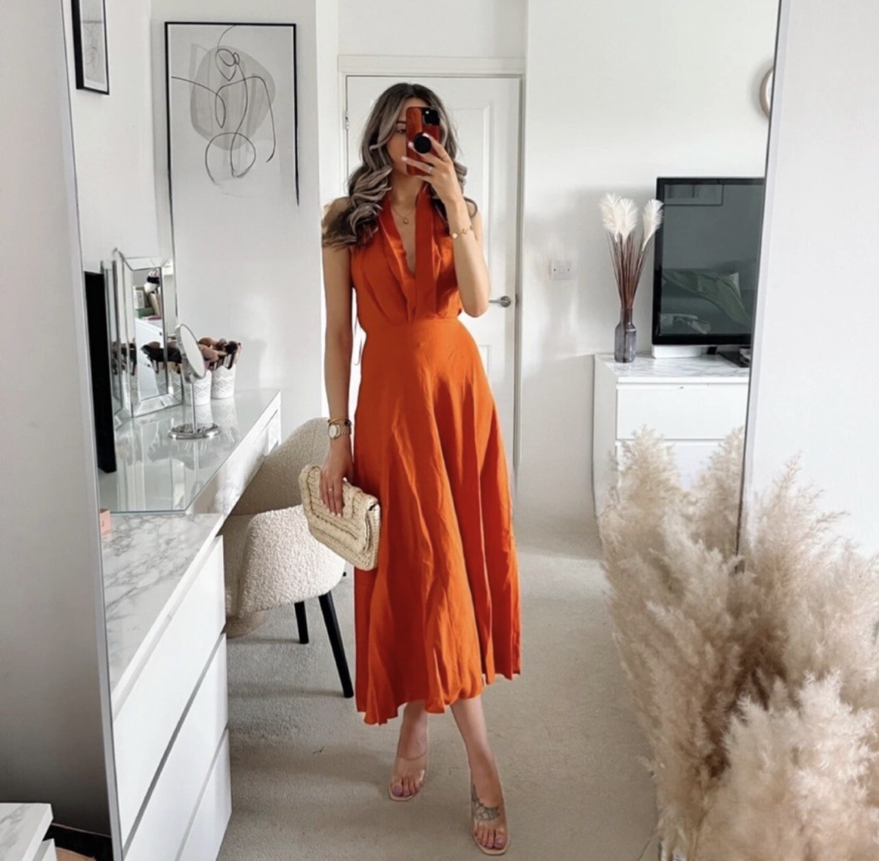ZARA WOMAN SS23 LINEN BLEND MIDI DRESS DARK ORANGE 4786/293