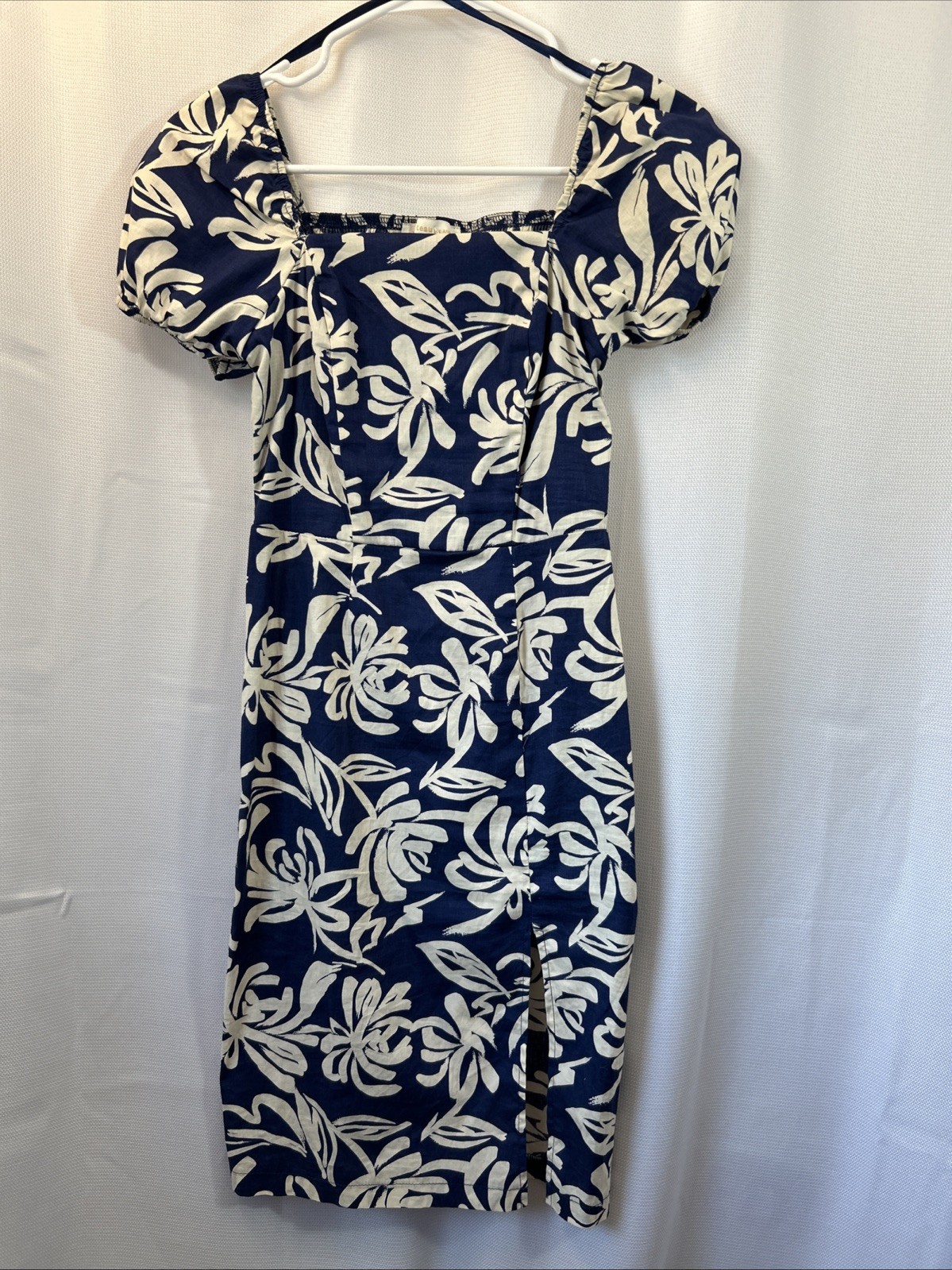 Monteau Navy & White Smocked Floral Cotton Puff Sleeve Midi Dress Small