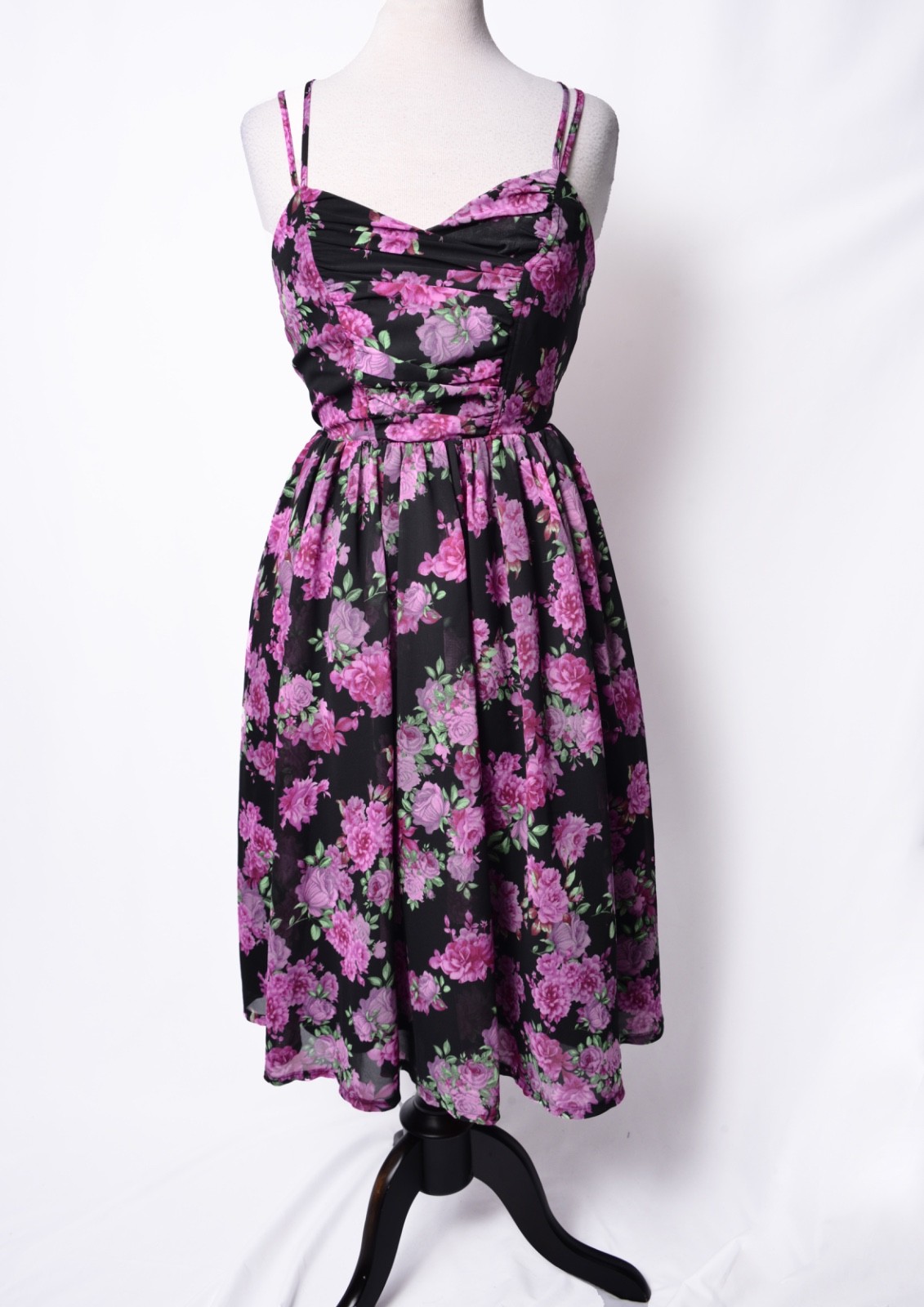 UNIQUE VINTAGE BLACK & PURPLE FLORAL REED SWING DRESS – NEW – REG AND PLUS SIZES