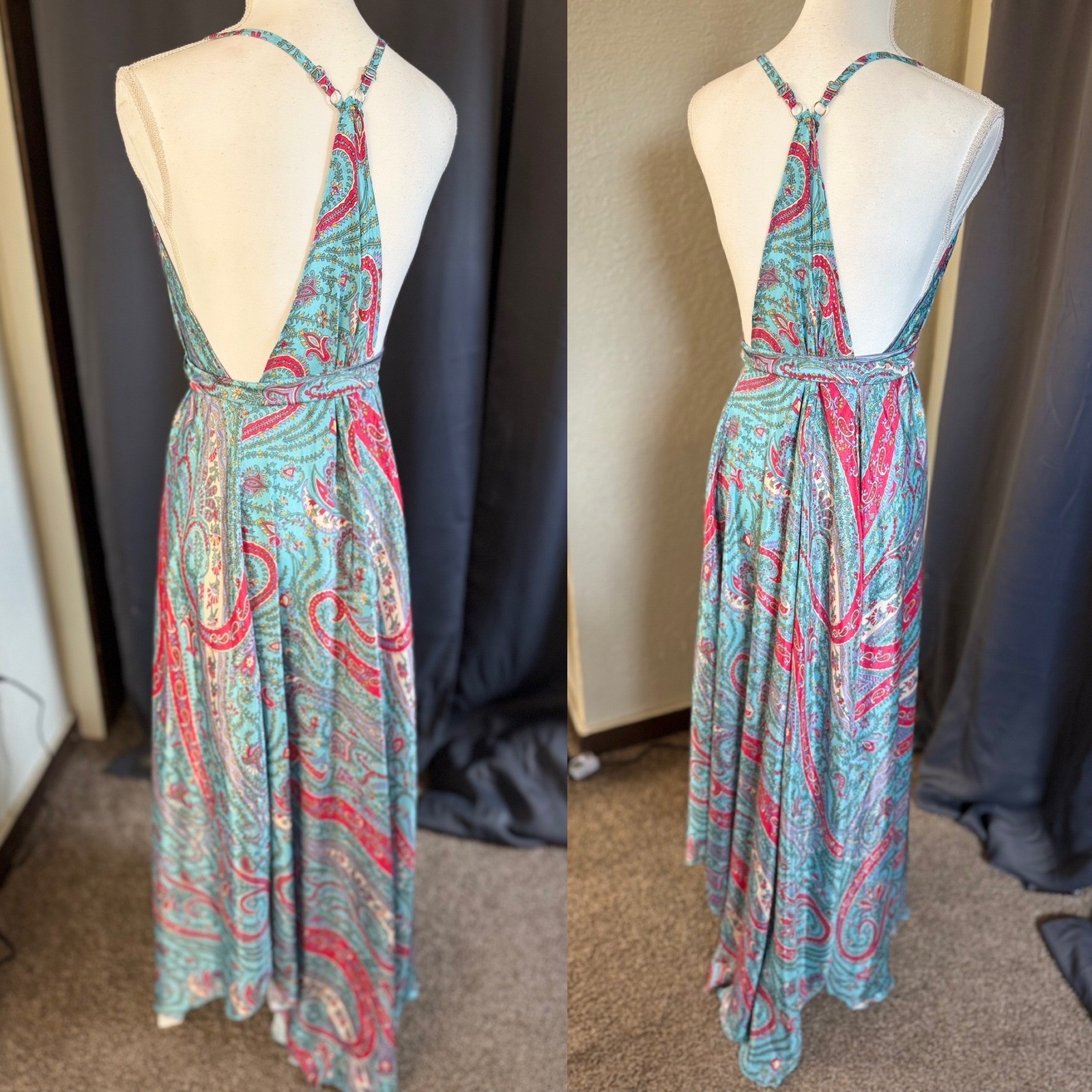 Advance Maxi Dress Womens One Size Teal Pink Paisley Silk Blend V-Neck Open Back