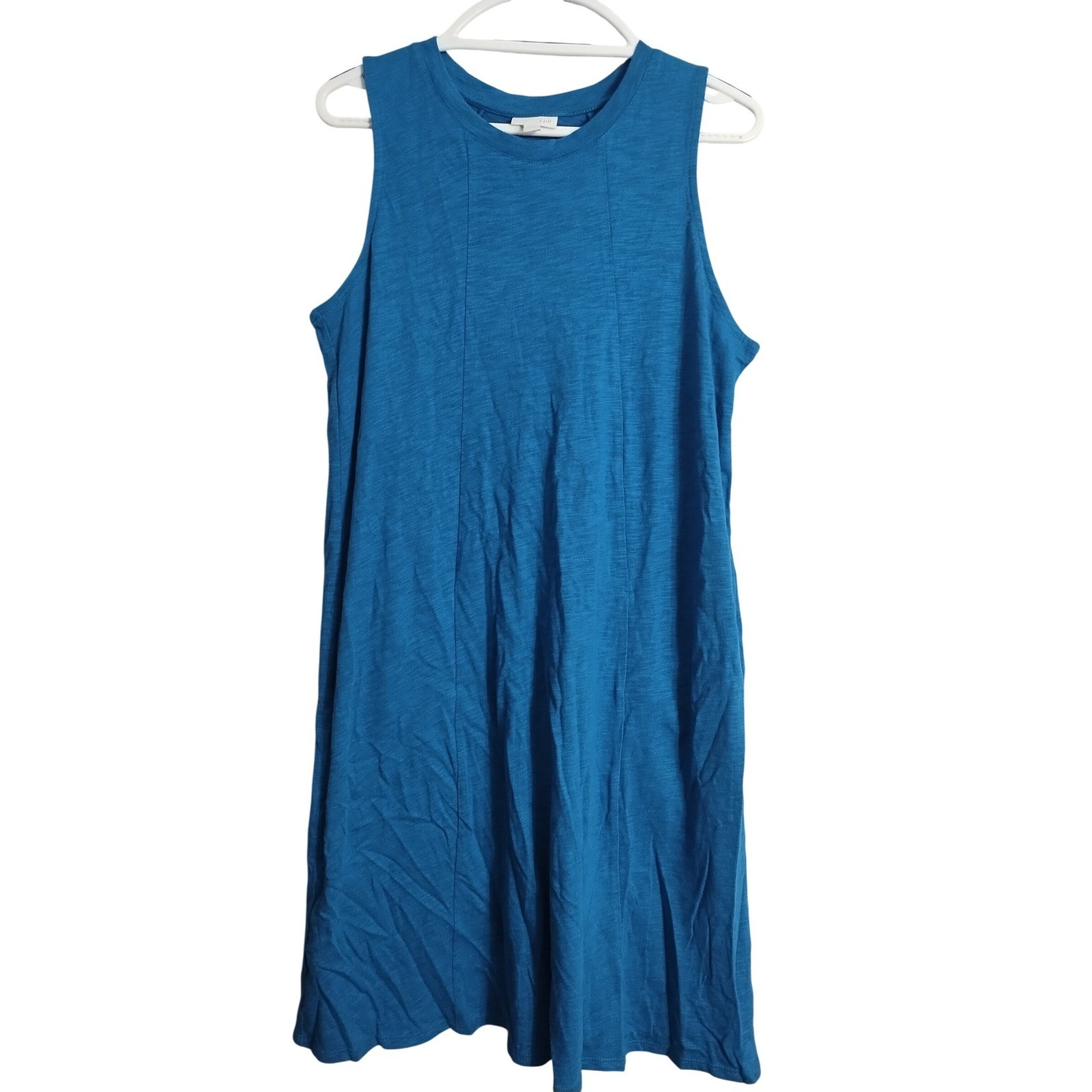 J. Jill Teal Blue Sleeveless Knit Slub Dress Pleated Back Preppy Vacation Medium