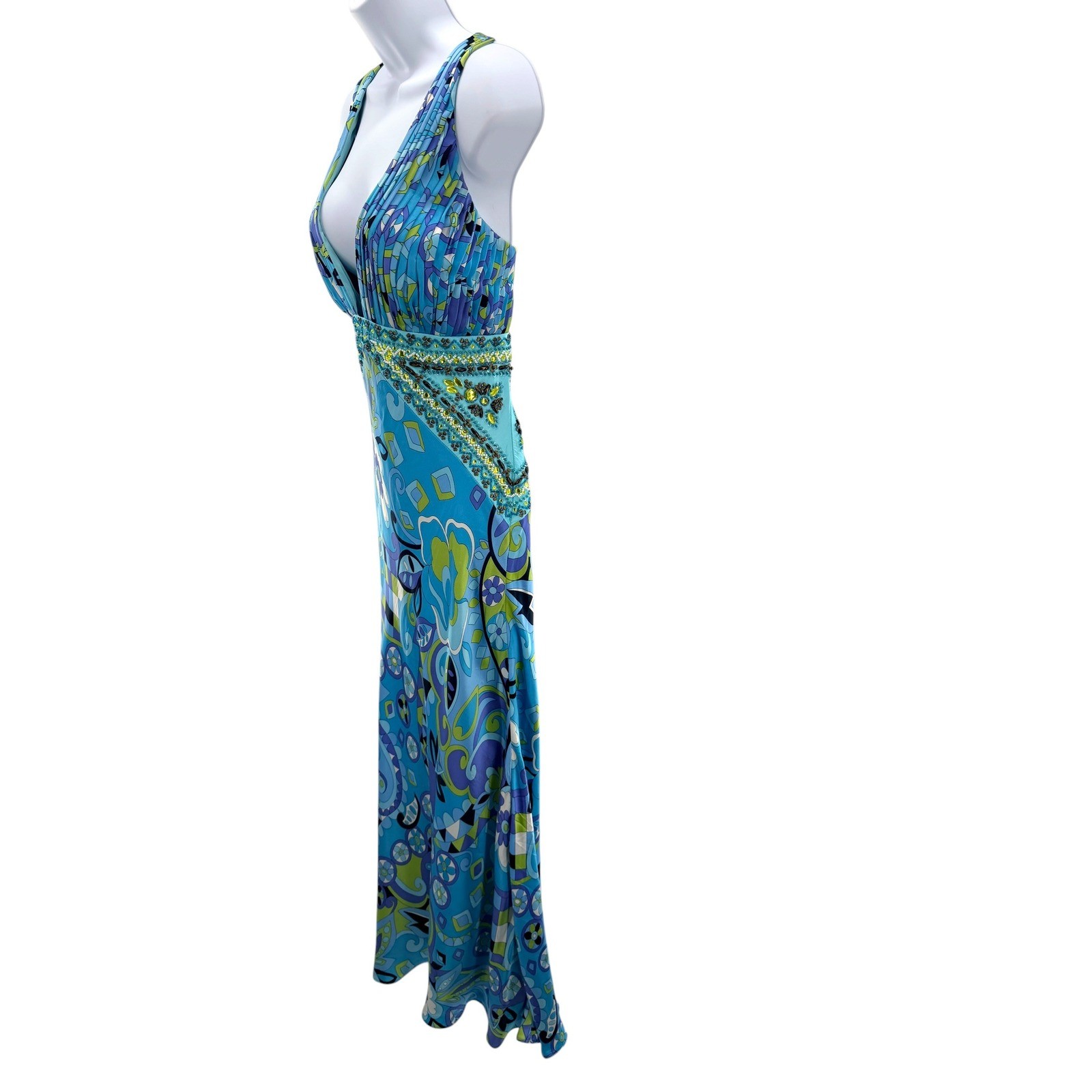 Sue Wong Nocturne Blue Silk Beaded Psychedelic Floral Maxi Dress Open Back 12