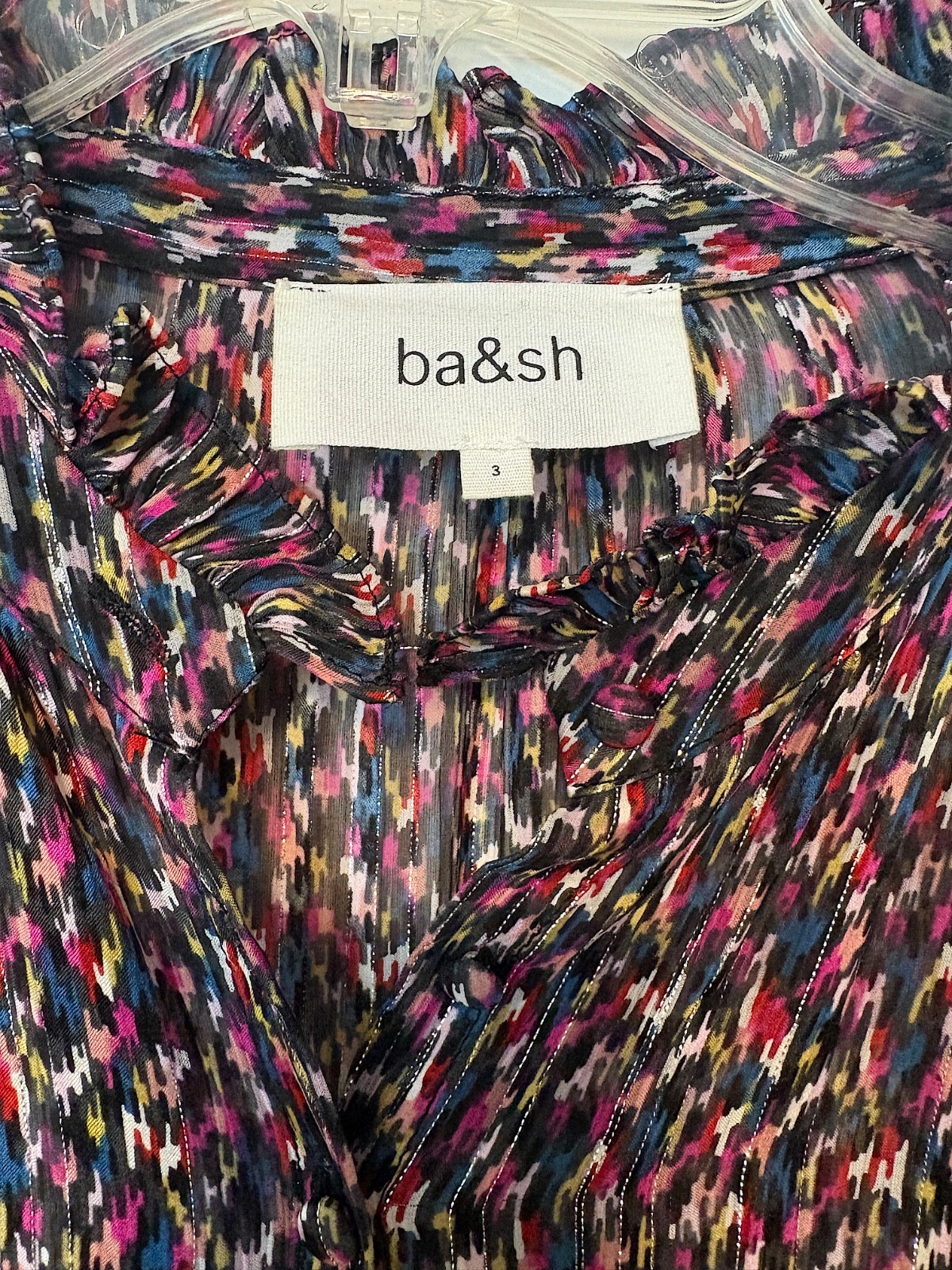 Ba&sh mini dress ikat print ruffles silk blend long sleeve size 3 US 10 Paris