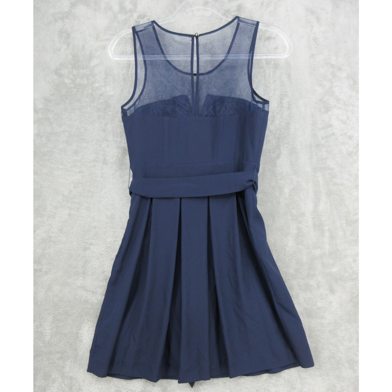 GUESS Dress Womens 2 Sheer Neckline Pleated Party Belted Navy Blue Event Zip