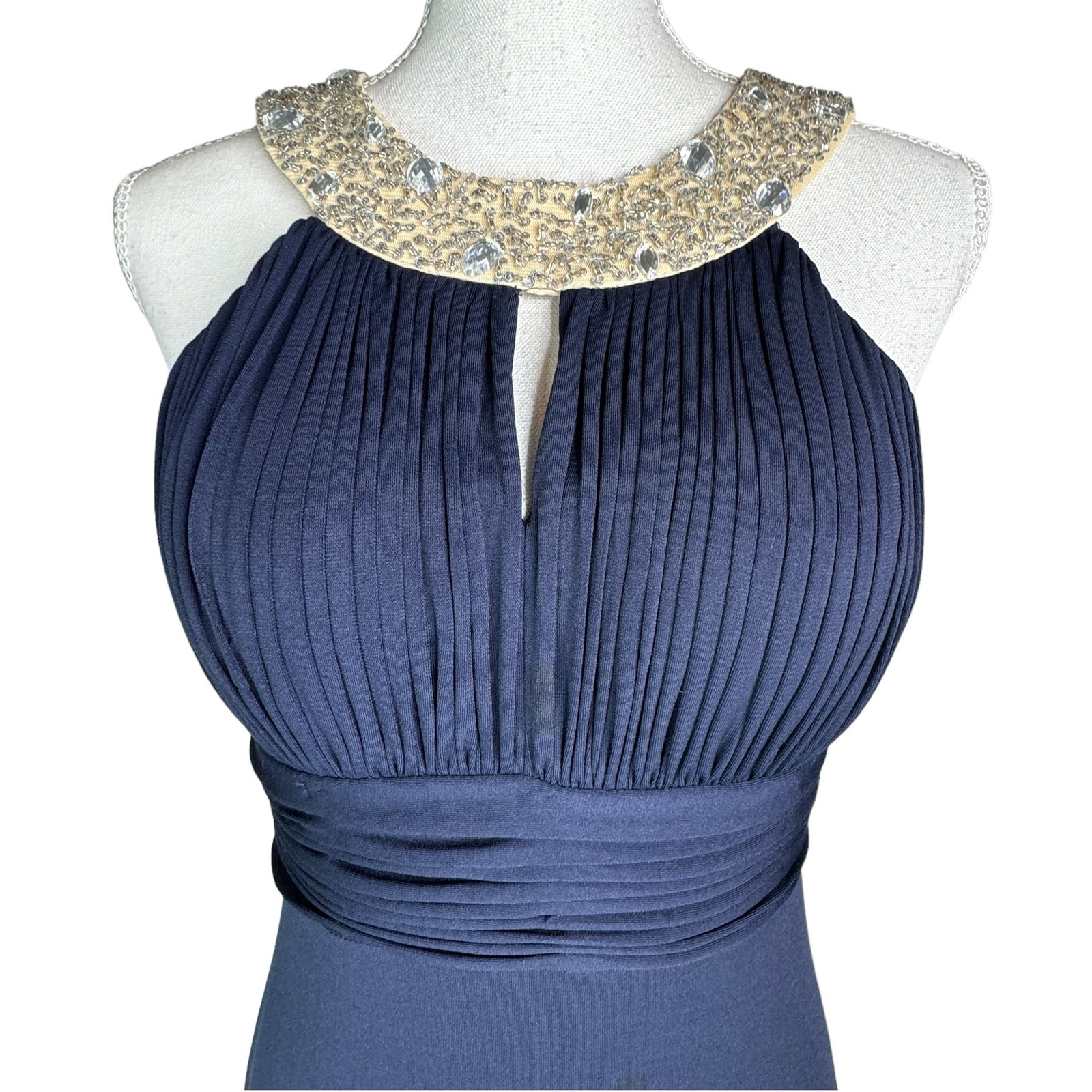 JS Boutique Halter Gown Maxi Dress Beaded Collar Keyhole Mermaid Hem Navy Blue 6