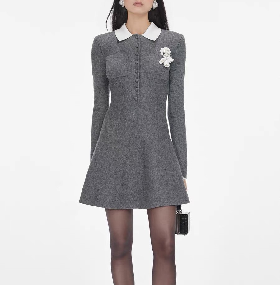 Women Self-Portrait Collared Embellished Knit Long Sleeve Mini Dresses