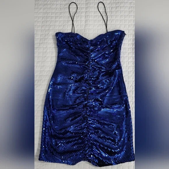 Zara Ink Blue Spaghetti Strap Sequin Ruched Disco Mini Dress 9420/701 Size L