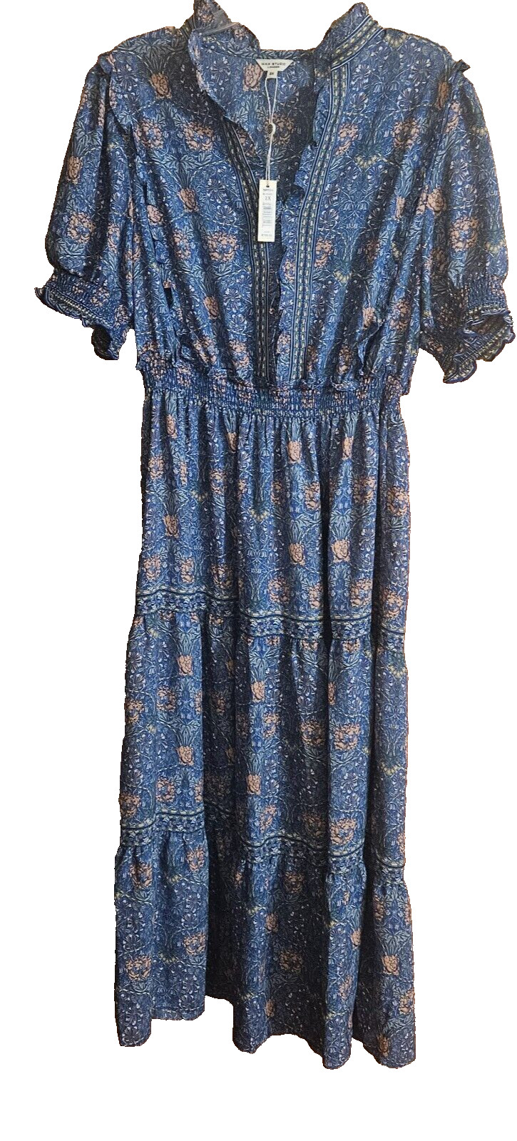 Max Studio Women’s Plus Size Blue Floral V-Neck 3 Tiered Maxi Dress SZ 2X NWT