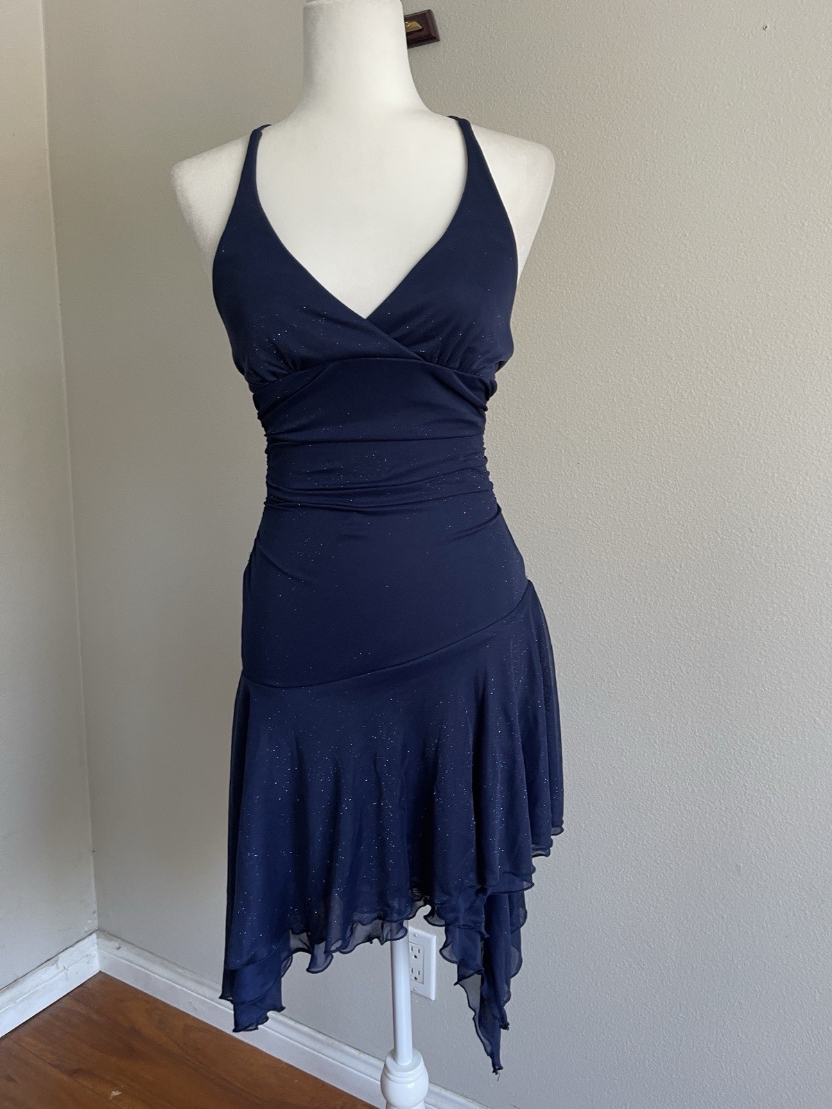 City Studio Vintage Navy Blue Sparkly Asymmetrical Halter Dress Size S